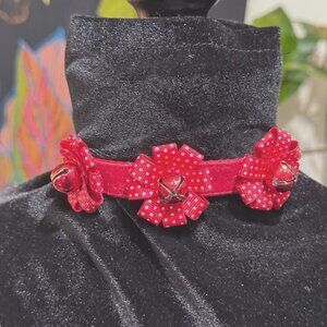 Pet Collar: Bows & Jingle Bells Standard Collar, Red Velvet with Polka Dots